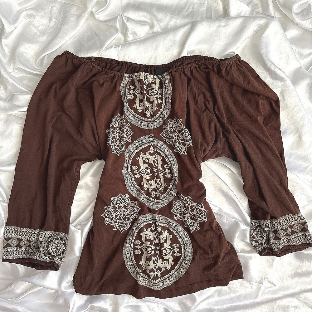 Brown Boho Off The Shoulder Graphic Peasant Top 2X FFJA107